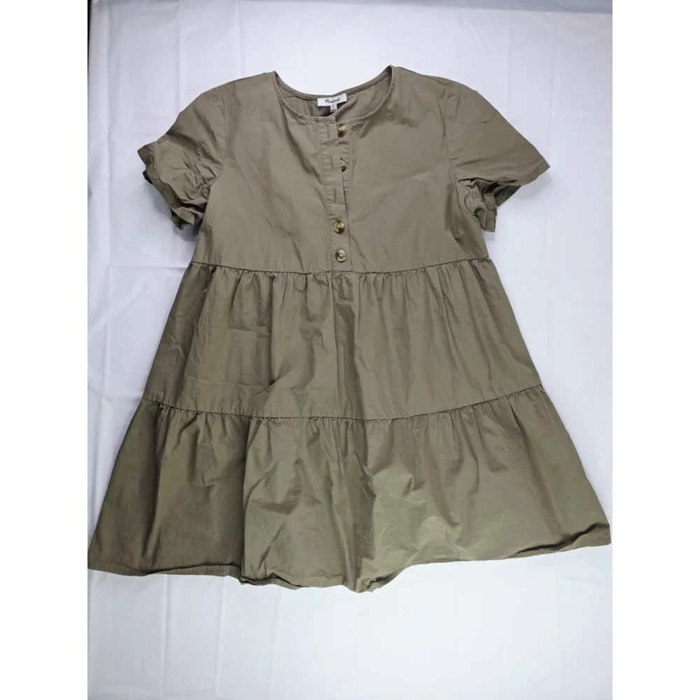 Madewell Baby Doll Button-Front Short-Sleeve Tiered Mini Dress Olive Green M - Picture 2 of 6